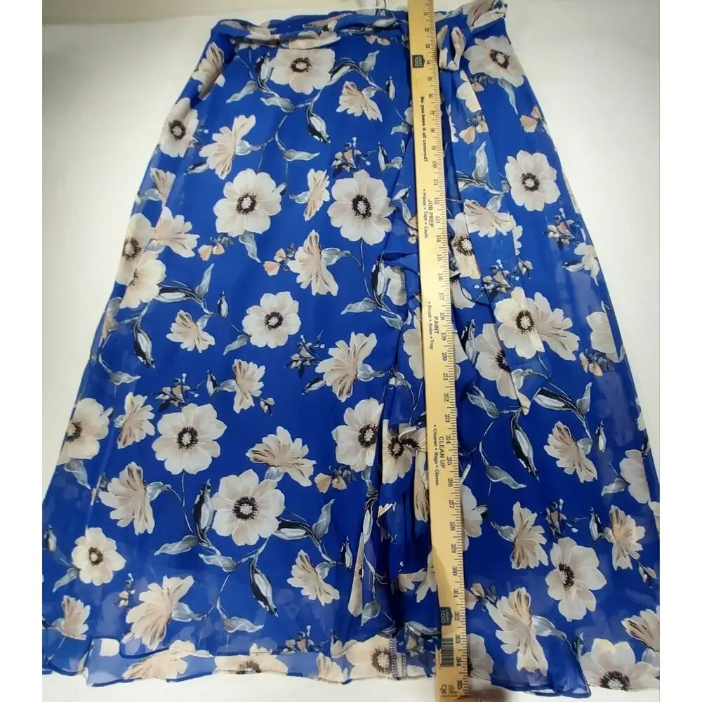 Jessica Howard Missy 14 Blue Floral Chiffon Faux-Wrap Midi Dress Ruffle Tie NWT